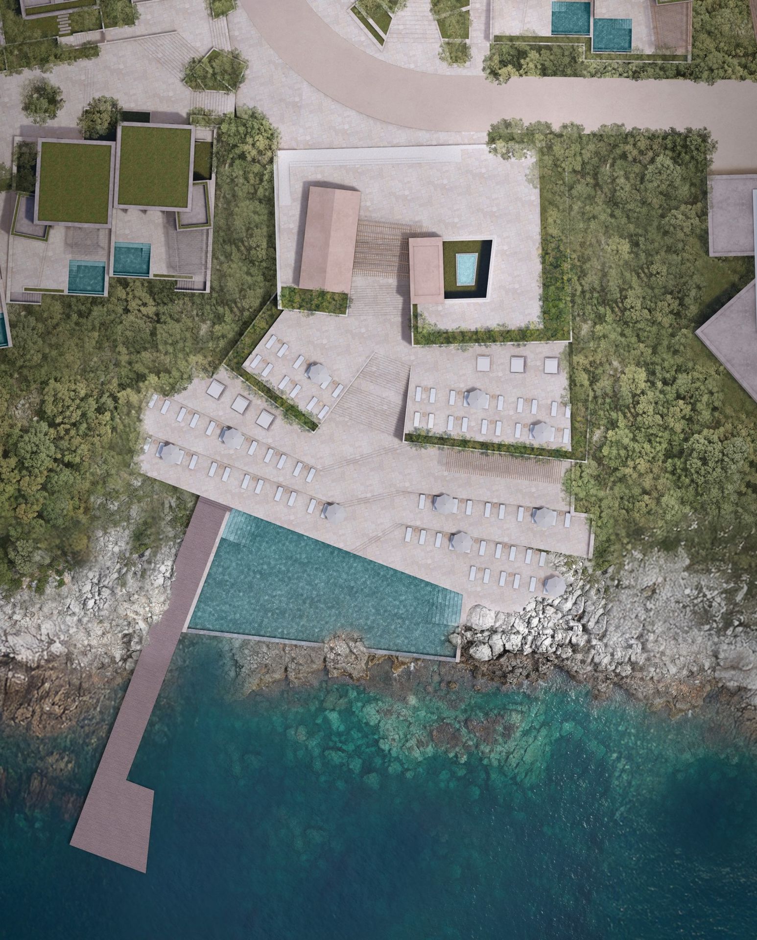 Roof plan of the village beach club with stepped terraces, a pool and a jetty into turquoise water