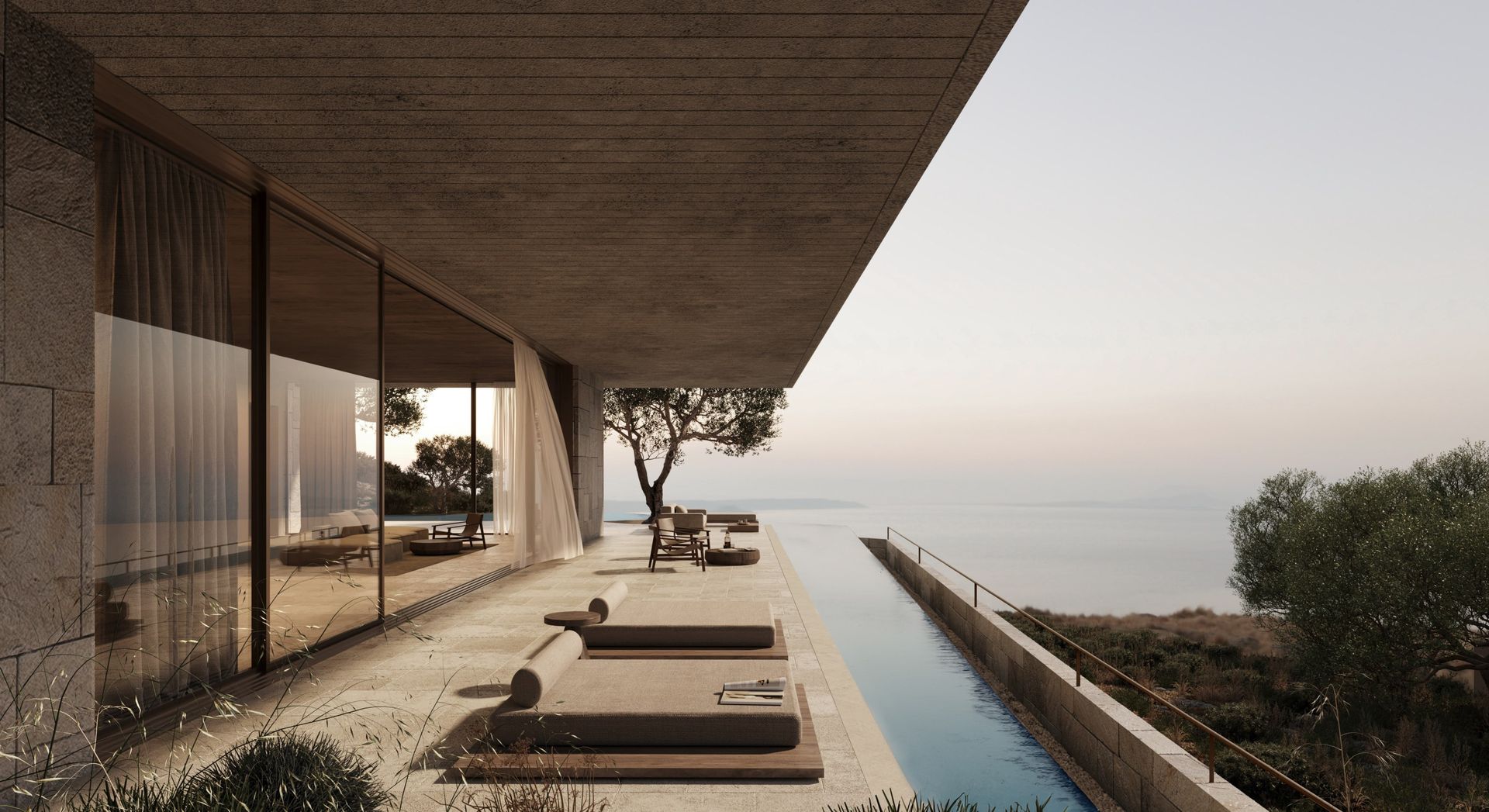 Covered terrace of hill villa ELVH.03 with loungers beside a narrow lap pool and the sea beyond