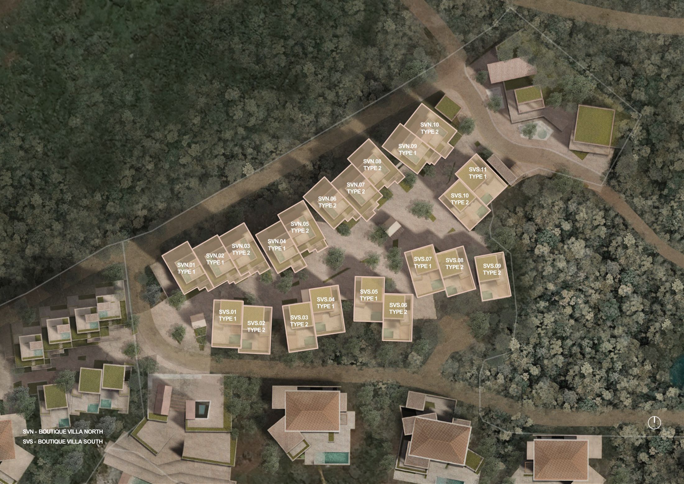 Plan of the boutique villa clusters with each villa numbered SVN or SVS and marked as Type 1 or Type 2