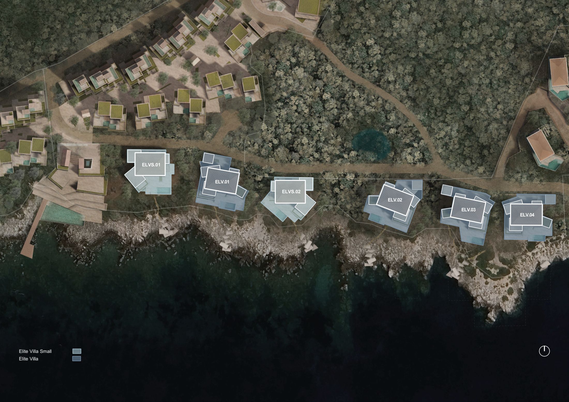 Plan of six elite villas along the shoreline, numbered ELV and ELVS