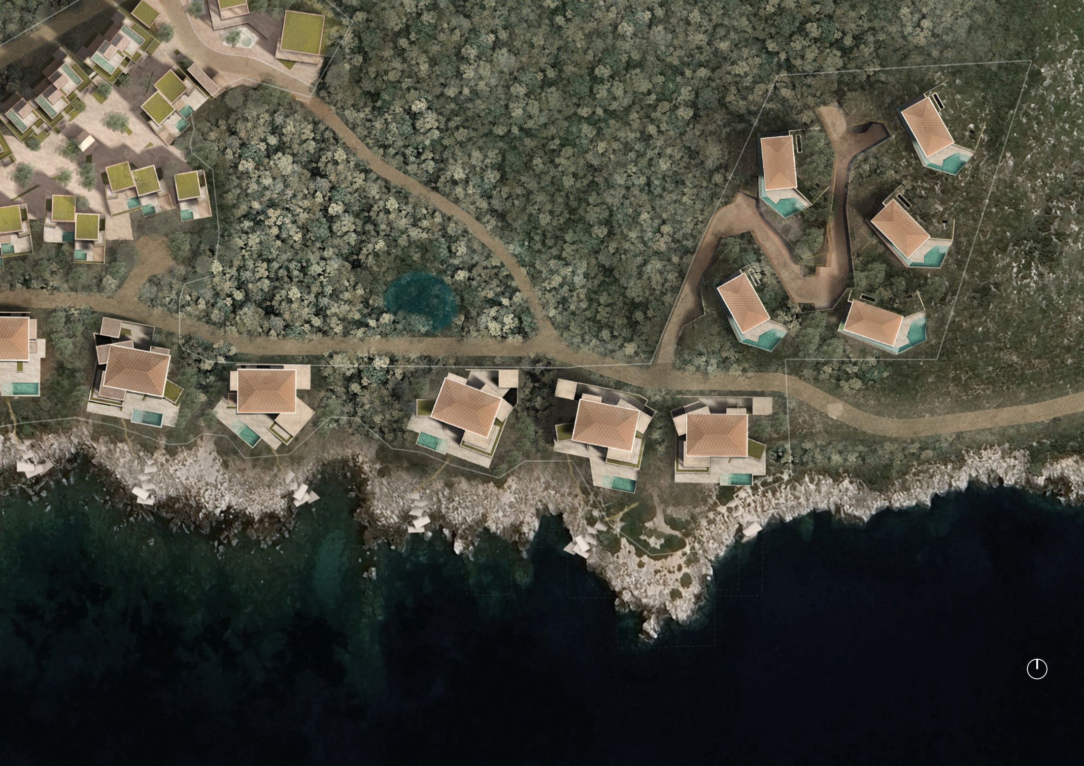Overview plan of the hillside villas above the coast road, each with its own drive and pool
