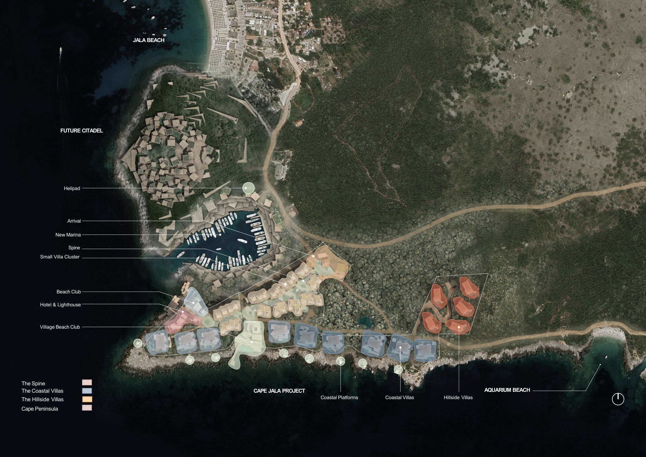 Jalë masterplan: future citadel, helipad, arrival, new marina, the Spine, small villa cluster, beach club, hotel and lighthouse, village beach club, coastal villas and hillside villas