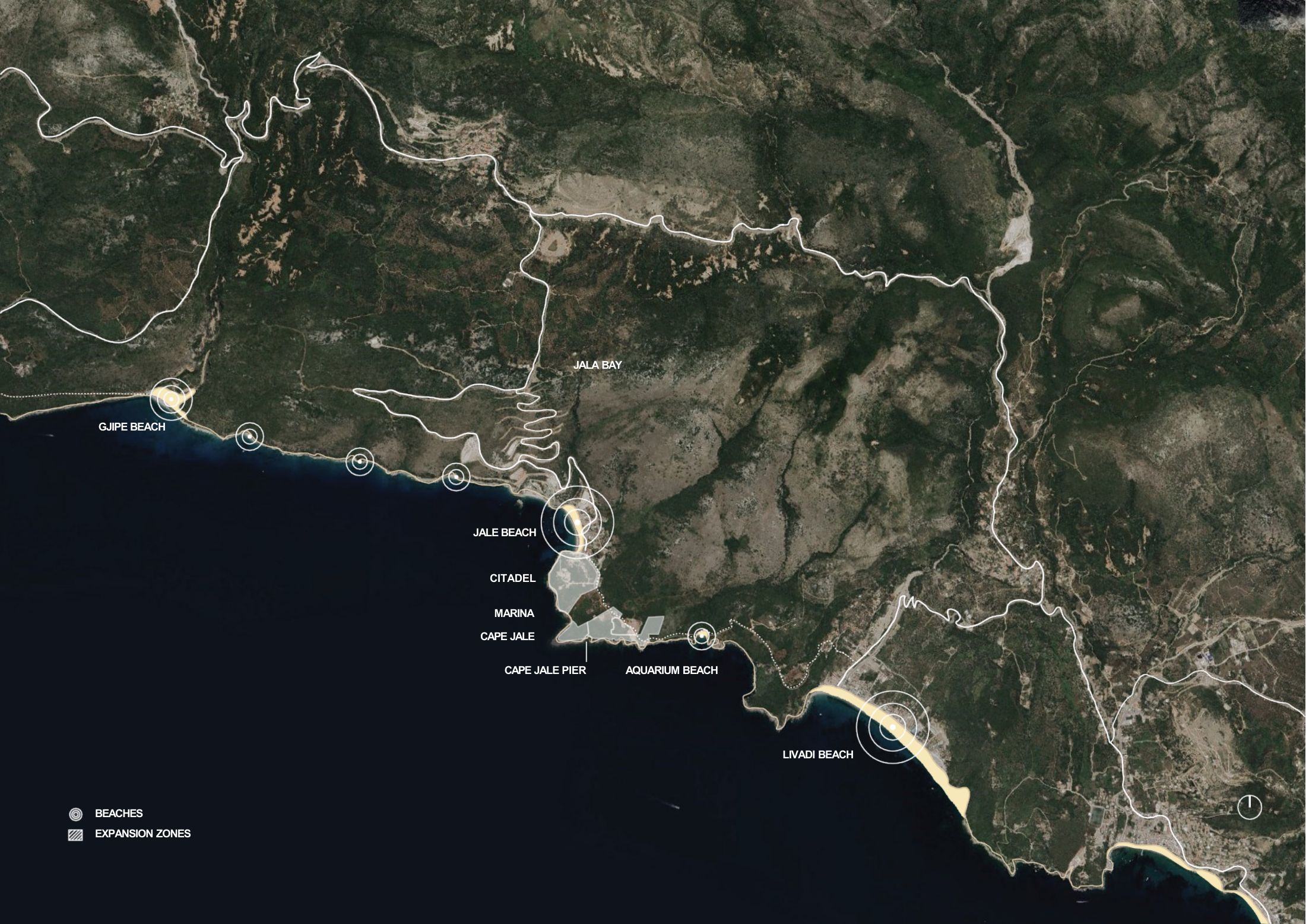 Aerial map of the coast from Gjipe beach to Livadi beach with Jale beach, the citadel, marina and Cape Jale marked