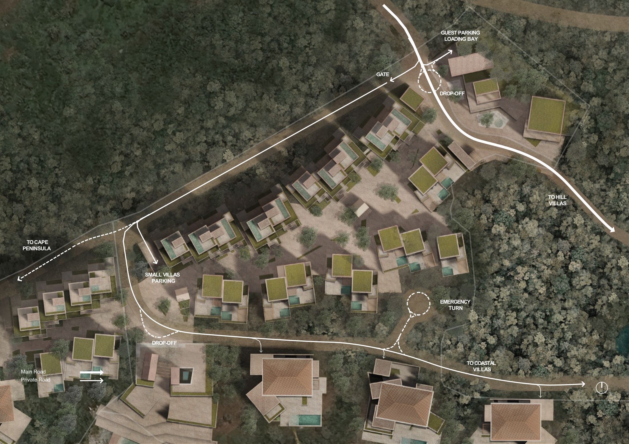 Plan of the Spine showing the gate, drop-offs, small villas parking, emergency turn and routes to the hill villas, coastal villas and cape peninsula