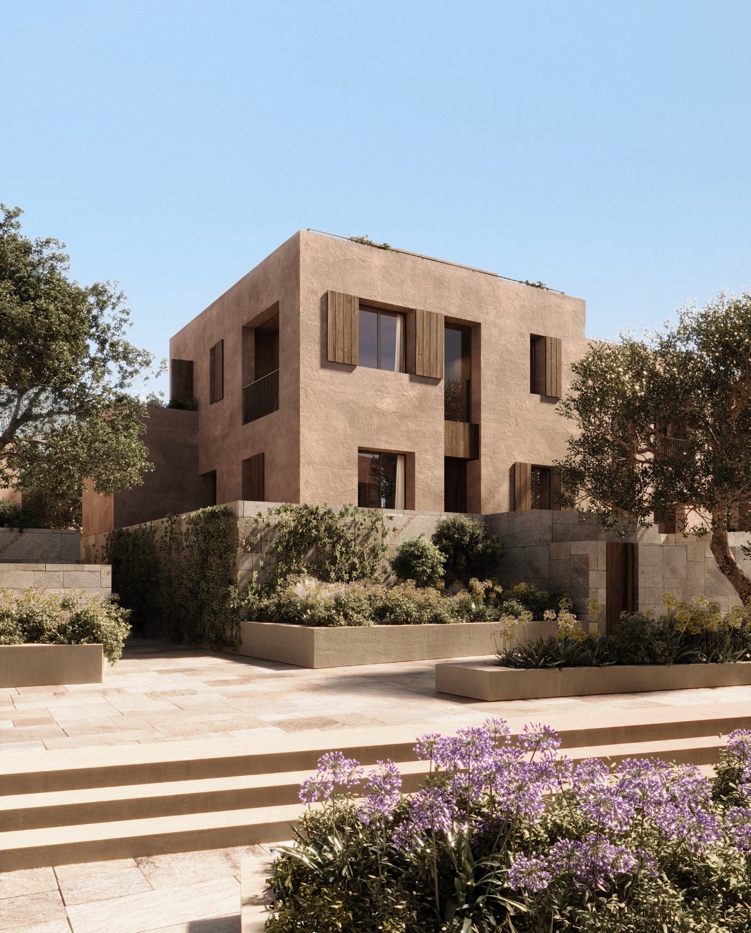 Boutique villa north from the lane, with stone steps and flowering plants