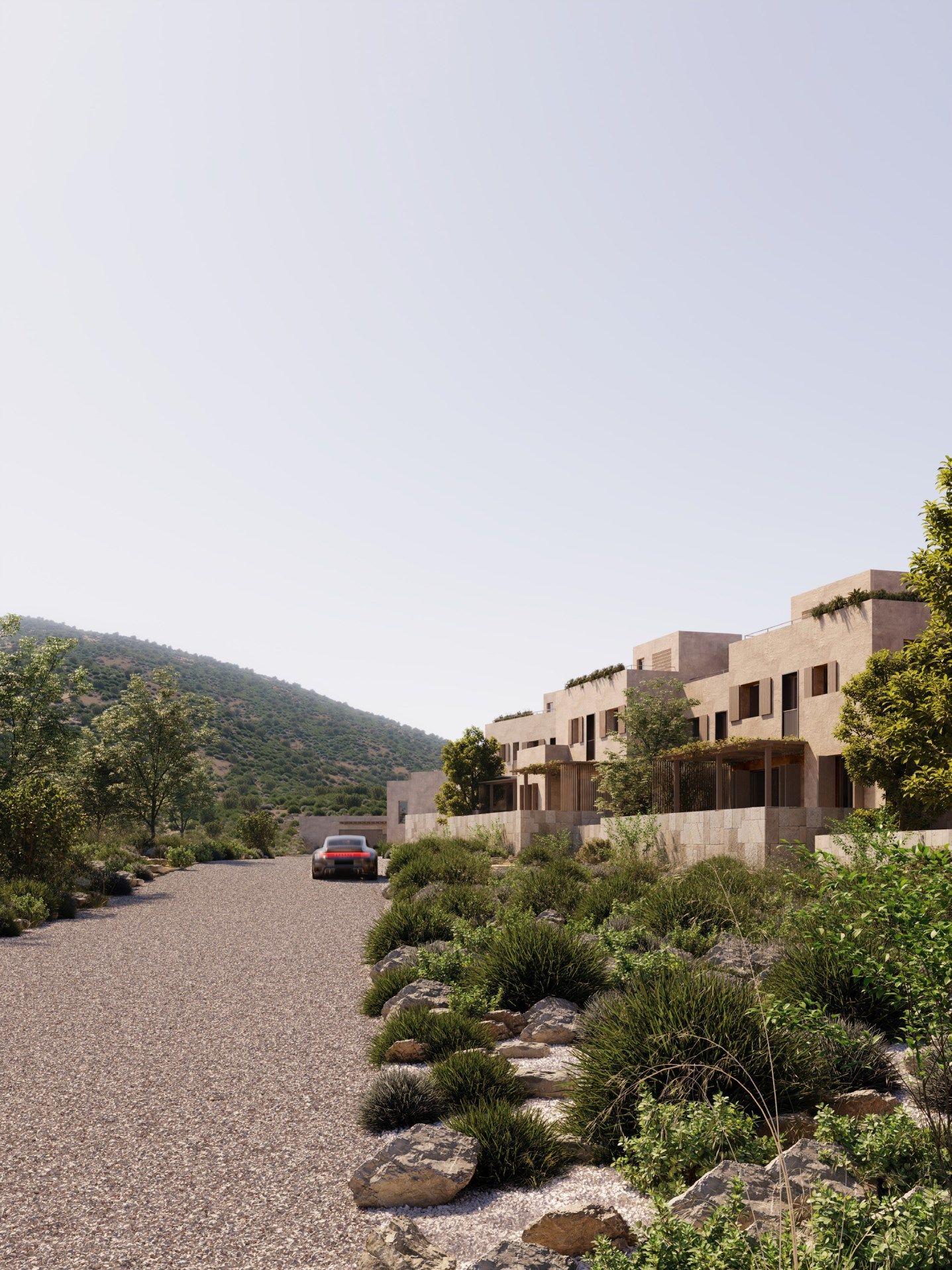 Gravel lane between boutique villas and wild planting