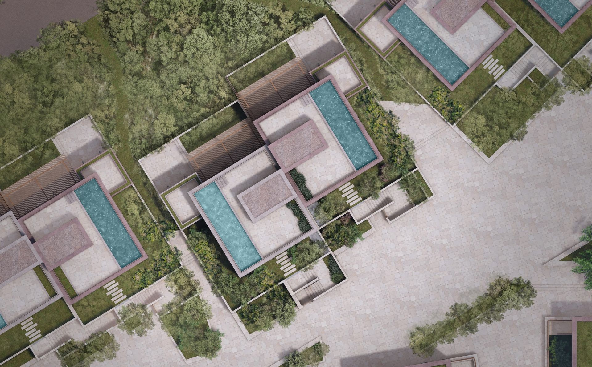 Roof plan of boutique villas north arranged around long turquoise pools