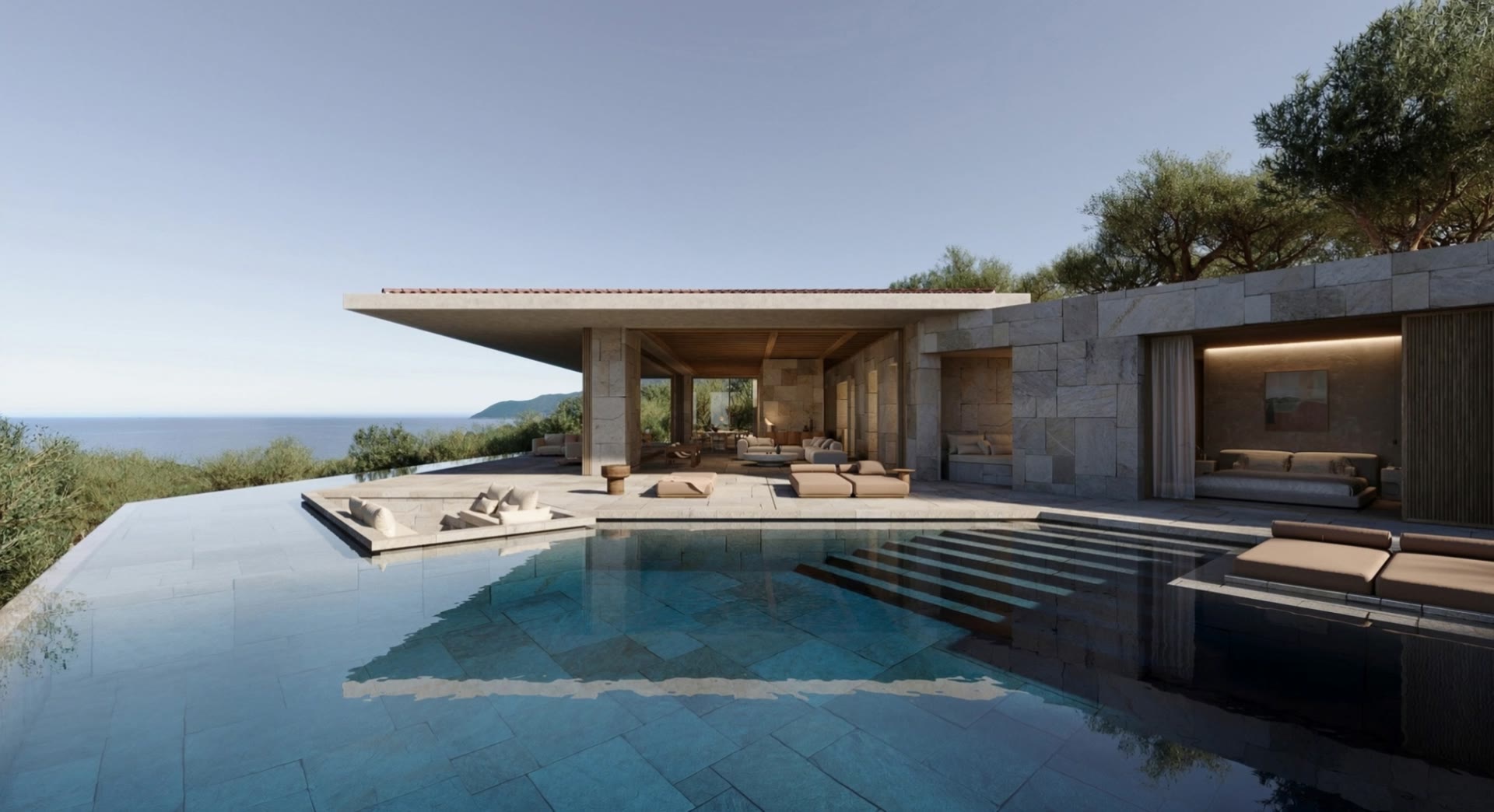 Hill villa ELVH.03: a thin flat roof over glass walls, with an infinity pool in front