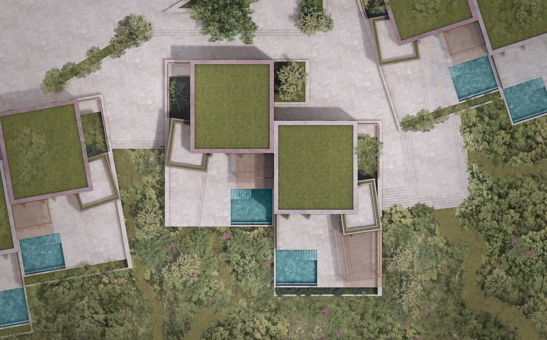 Roof plan of three boutique villas south: square planted roofs, stone terraces and small turquoise pools